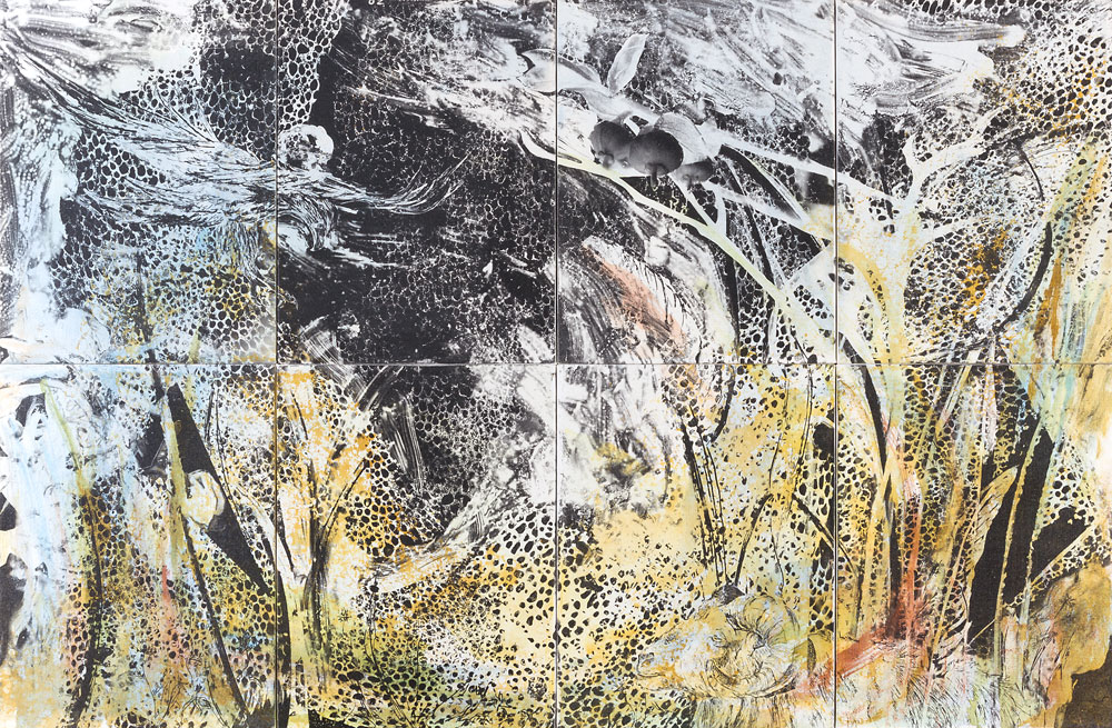 Goldenes Vlies 78 x 119 cm, Cliché verre, Tusche auf Leinwand, 2014